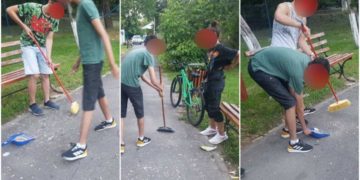 MAI MULȚI TINERI DIN GĂEȘTI, CARE AU ARUNCAT COJI DE SEMINȚE ȘI GUNOAIE ÎN PARCUL COPIILOR, AU FOST PUȘI DE POLIȚIȘTI SĂ MĂTURE PARCUL