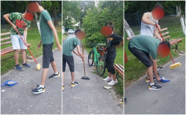 MAI MULȚI TINERI DIN GĂEȘTI, CARE AU ARUNCAT COJI DE SEMINȚE ȘI GUNOAIE ÎN PARCUL COPIILOR, AU FOST PUȘI DE POLIȚIȘTI SĂ MĂTURE PARCUL