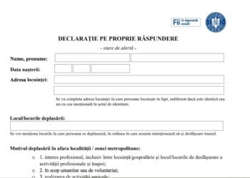 Deplasarea în afara localității va fi permisă doar pe baza unei noi declarații pe propria răspundere!