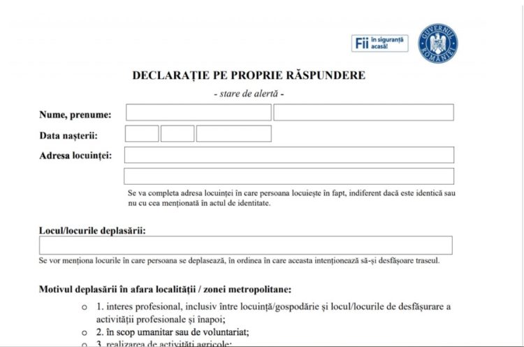 Deplasarea în afara localității va fi permisă doar pe baza unei noi declarații pe propria răspundere!