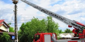 Pompierii au fost solicitați  pentru salvarea unei berze care a rămas prinsă între firele de tensiune!
