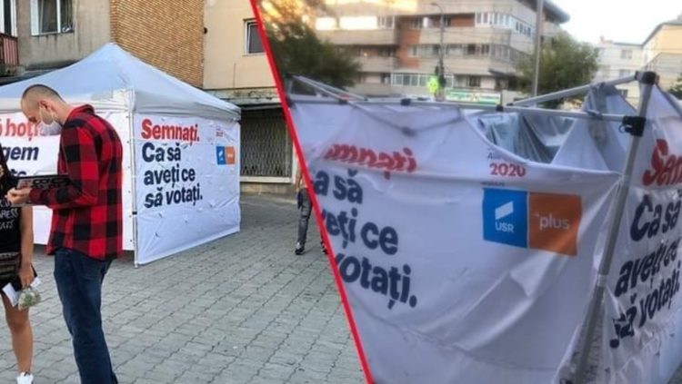 Un cort USR PLUS pentru strângere de semnături a fost distrus de persoane necunoscute!