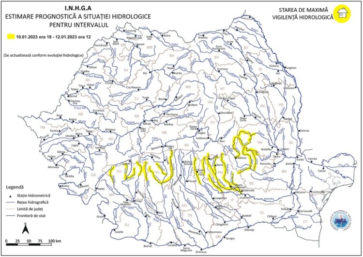 Institutul Național de Hidrologie și Gospodărire a Apelor -COD 🟨 GALBEN valabil în intervalul 10.01.2023 ora 18:00 – 12.01.2023 ora 12:00 pentru râul Dâmboviţa