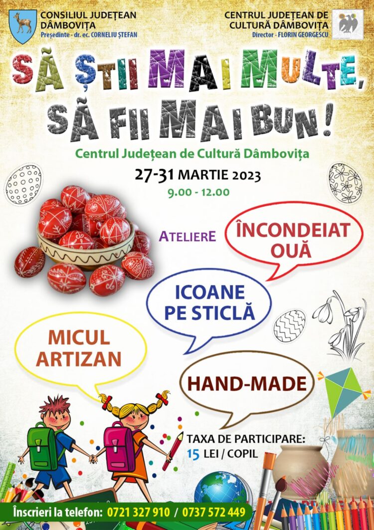 Centrul Județean de Cultură Dâmbovița organizează, în perioada 27-31 martie, o serie de activități menite să contribuie la dezvoltarea competenței de învățare și a abilităților socio-emoționale în rândul copiilor