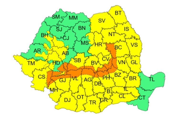 Administrația Națională de Meteorologie a emis două mesaje de avertizare meteorologică