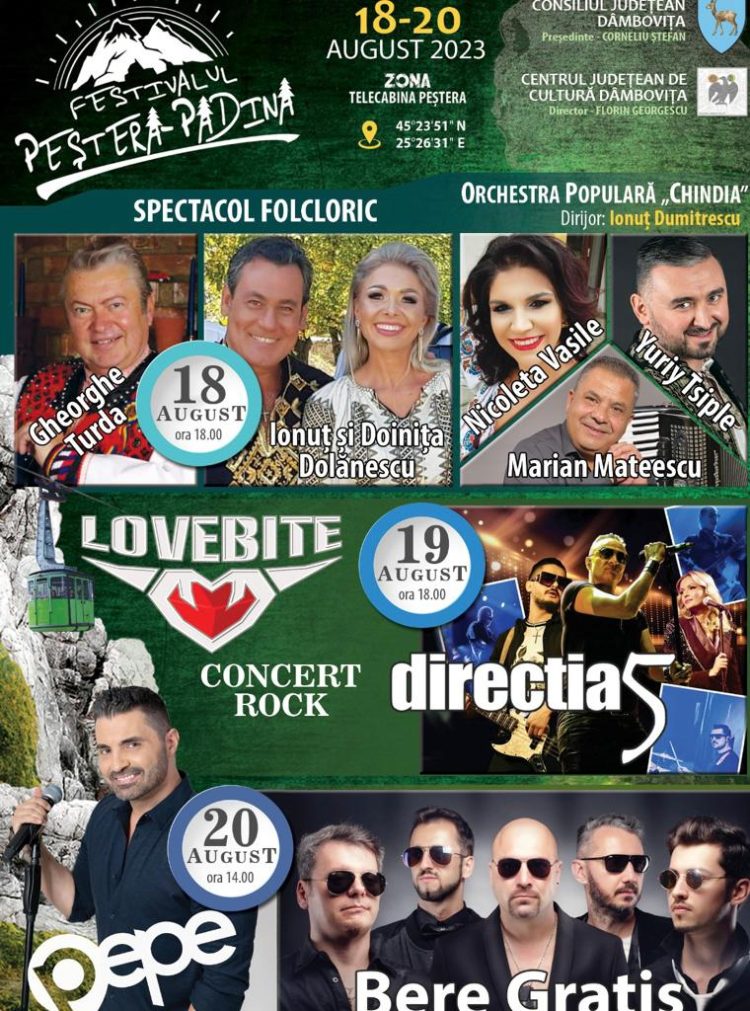Festivalului „Peștera – Padina” se va desfășura în perioada 18 – 20 august 2023