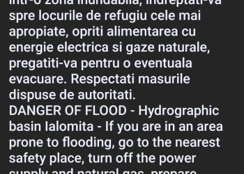 Având în vedere atenționarea cod galben emisa de Institutul National de Hidrologie si Gospodarire a Apelor a fost transmis un mesaj de avertizare RO -Alert în vederea luării măsurilor de autoprotecție.