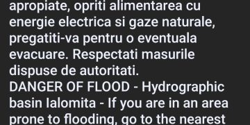 Având în vedere atenționarea cod galben emisa de Institutul National de Hidrologie si Gospodarire a Apelor a fost transmis un mesaj de avertizare RO -Alert în vederea luării măsurilor de autoprotecție.