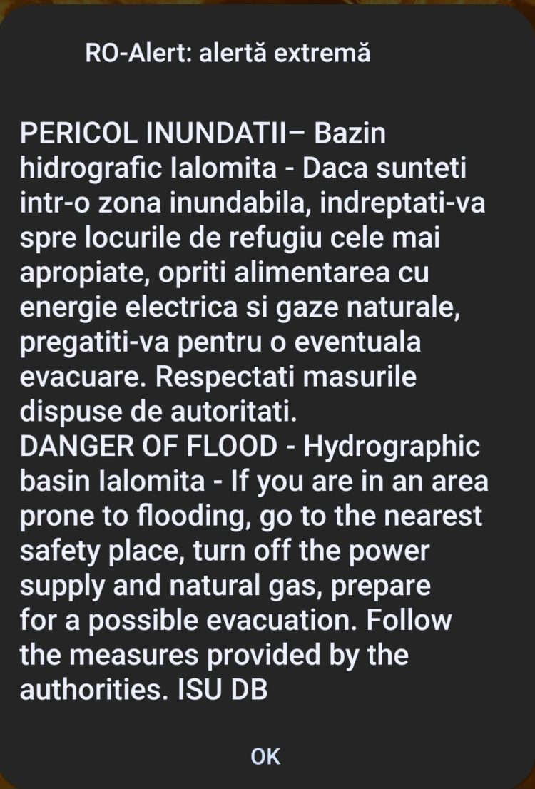 Având în vedere atenționarea cod galben emisa de Institutul National de Hidrologie si Gospodarire a Apelor a fost transmis un mesaj de avertizare RO -Alert în vederea luării măsurilor de autoprotecție.