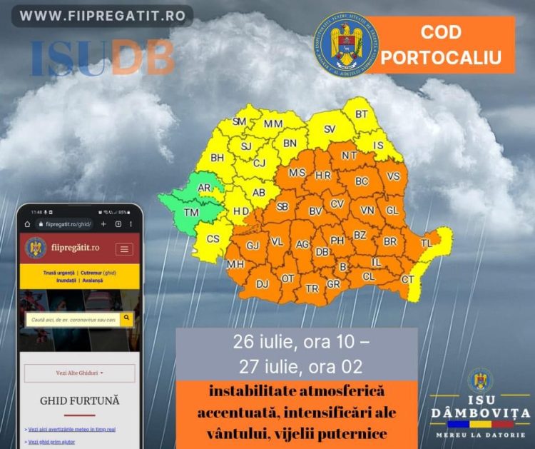 Avertizare meteo -Cod Portocaliu -interval 26 iulie, ora 10:00 – 27 iulie, ora 02:00