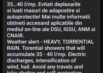 A fost emisă o avertizare meteorologică RO ALERT de ploi torențiale