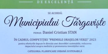 Municipiul Târgoviște premiat la competiția „Premiile Orașelor Verzi 2023″… la categoria “PLANIFICARE URBANĂ SUSTENABILĂ”!