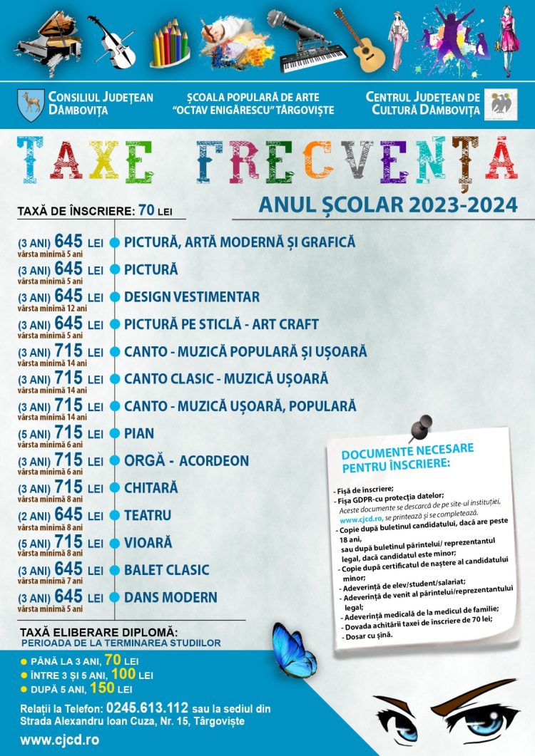 Începând de astăzi, 4 septembrie 2023, debutează înscrierile la Școala Populară de Arte „Octav Enigărescu” din cadrul Centrului Județean de Cultură Dâmbovița