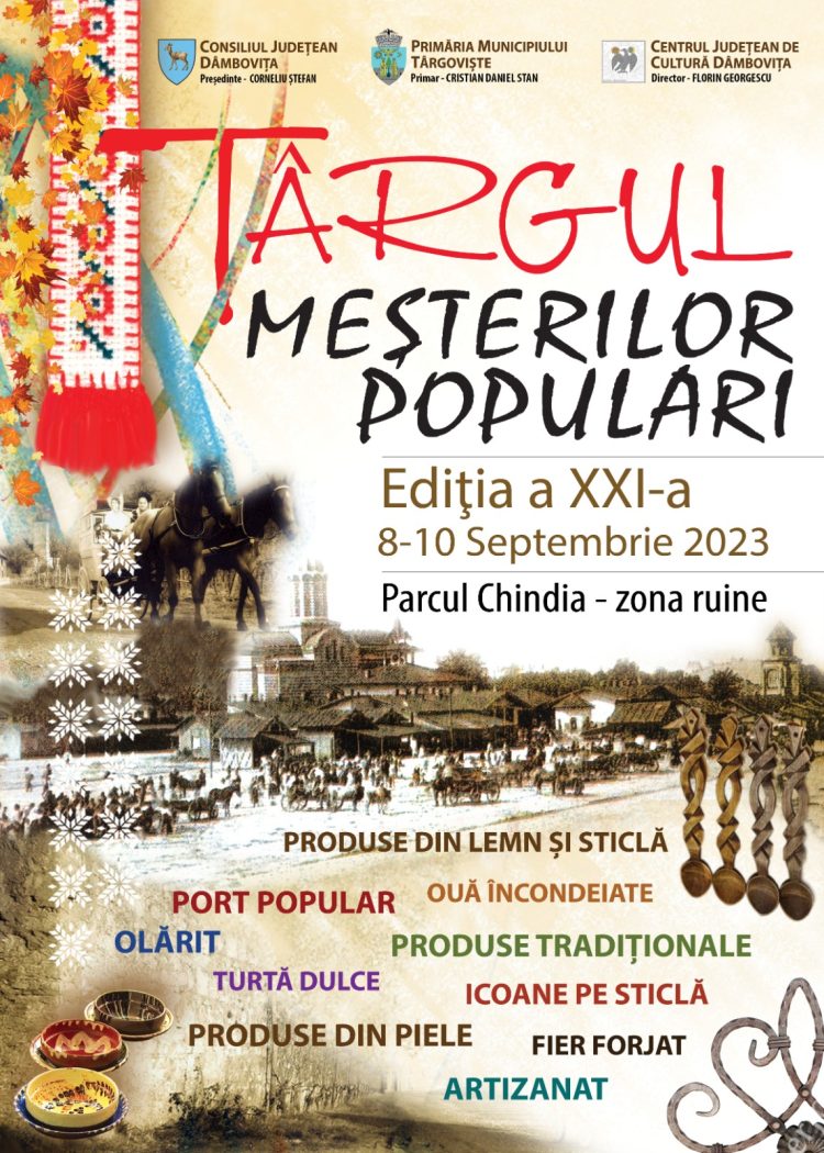 În cadrul amplelor manifestări ce fac parte din sărbătoarea „Zilele Cetății”, în perioada 8-10 septembrie 2023, Parcul Chindia din Târgoviște va găzdui cea de-a XXI-a ediție a Târgului Meșterilor Populari