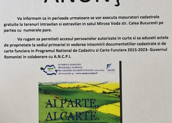 ANUNȚ -În perioada următoare se vor executa măsurători cadastrale gratuite la terenuri intravilan și extravilan în satul MIRCEA-VODĂ