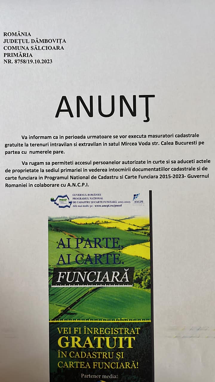 ANUNȚ -În perioada următoare se vor executa măsurători cadastrale gratuite la terenuri intravilan și extravilan în satul MIRCEA-VODĂ