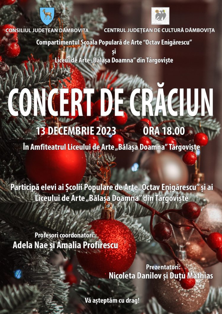 Școala Populară de Arte „Octav Enigărescu”,  organizeză, în data de 13 decembrie, evenimentul „Concert de Crăciun”.