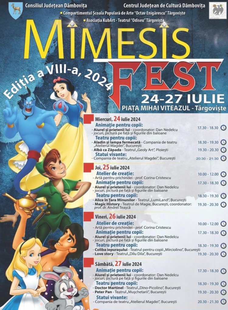 În perioada 24 – 27 iulie 2024, Centrul Judeţean de Cultură Dâmboviţa va organiza cea de-a VIII-a ediţie a Festivalului de teatru pentru copii „Mimesis Fest”