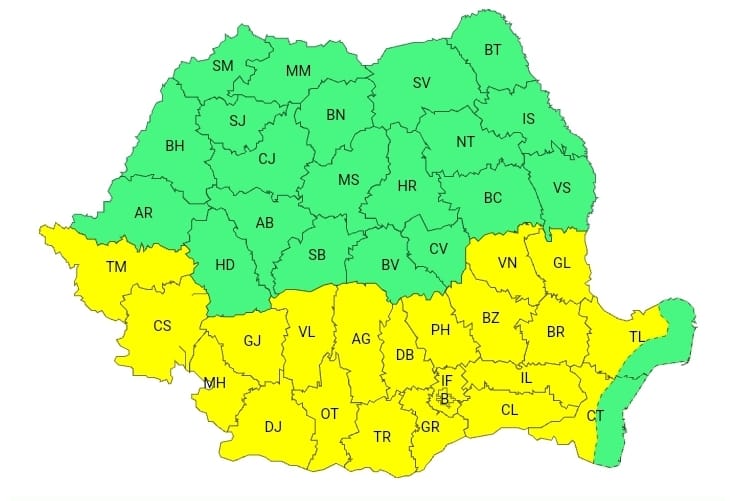 ATENȚIONARE METEOROLOGICĂ -COD GALBEN pentru întreg județul Dâmbovița