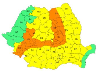 AVERTIZARE METEOROLOGICĂ -COD GALBEN valabilă pentru județul Dâmbovița în intervalul 24 iulie, ora 12 – 24 iulie, ora 21.