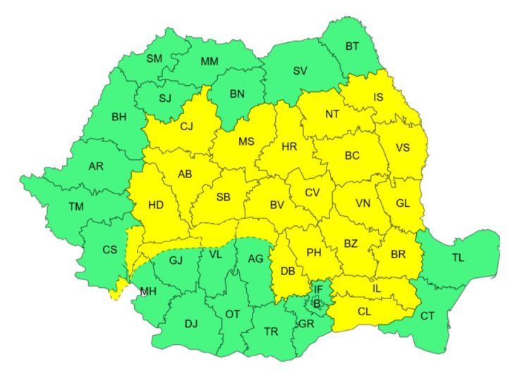 Cod Galben de furtuni în Dâmbovița: Averse torențiale, vijelii și grindină, astăzi între orele 12:00 și 23:00