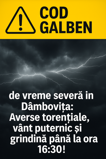 COD GALBEN de vreme severă în Dâmbovița: Averse torențiale, vânt puternic și grindină până la ora 16:30!