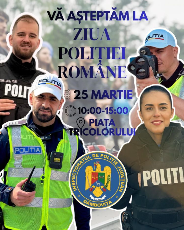 ZIUA POLIȚIEI ROMÂNE LA TÂRGOVIȘTE!  Vino să vezi autospecialele de aproape, să încerci tehnica polițiștilor și să trăiești o experiență interactivă unică!