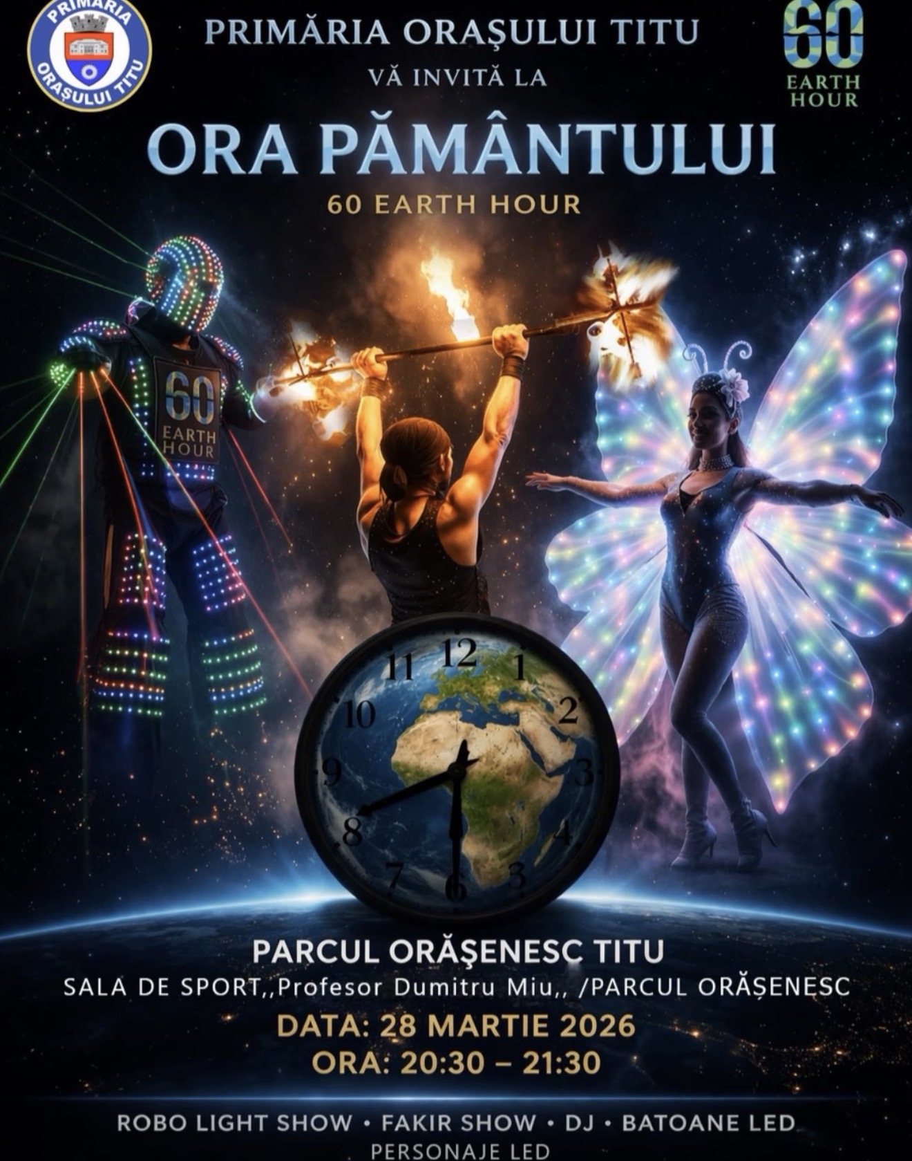 Titu stinge luminile și aprinde magia: Spectacol futurist în Parcul Orășenesc pentru „Ora Pământului”