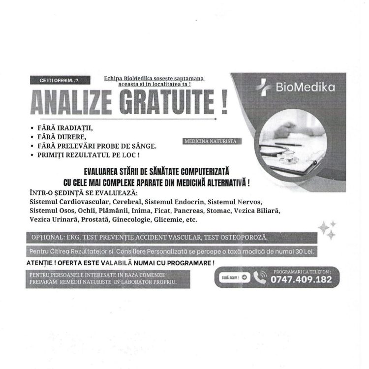 Analize medicale gratuite pentru locuitorii din Butimanu – oportunitate pentru sănătatea ta