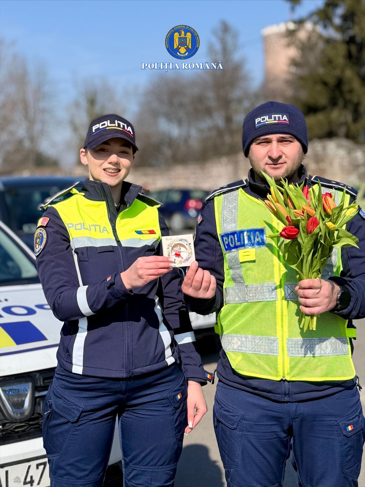 (Foto) 1 Martie altfel pe șoselele din Dâmbovița: Polițiștii au oferit mărțișoare în loc de sancțiuni
