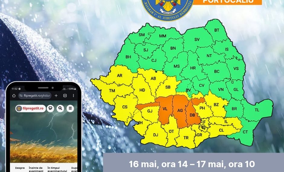 ALERTĂ METEO în Dâmbovița: Cod Portocaliu și Cod Galben de vijelii și averse torențiale începând de astăzi