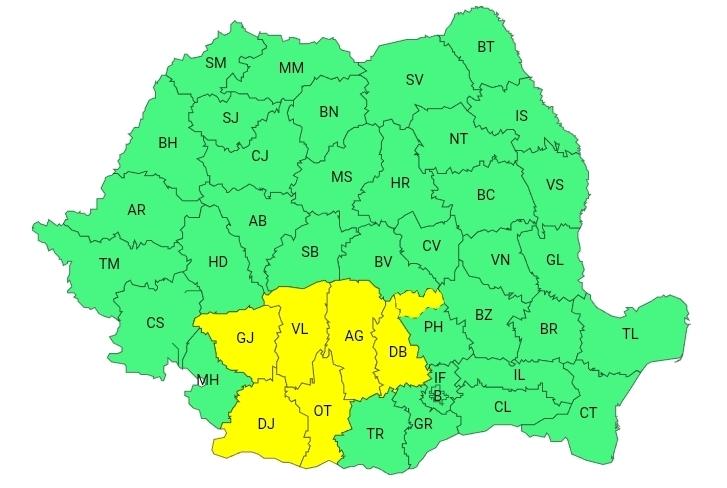 Cod Galben în Dâmbovița, sâmbătă 9 mai, între orele 03:00 și 13:00: Ploi Torențiale, Vijelii și Grindină