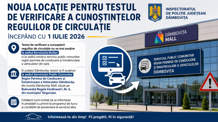 Începând cu 1 iulie 2026, testul de verificare a cunoașterii regulilor de circulație se susține într-o nouă locație