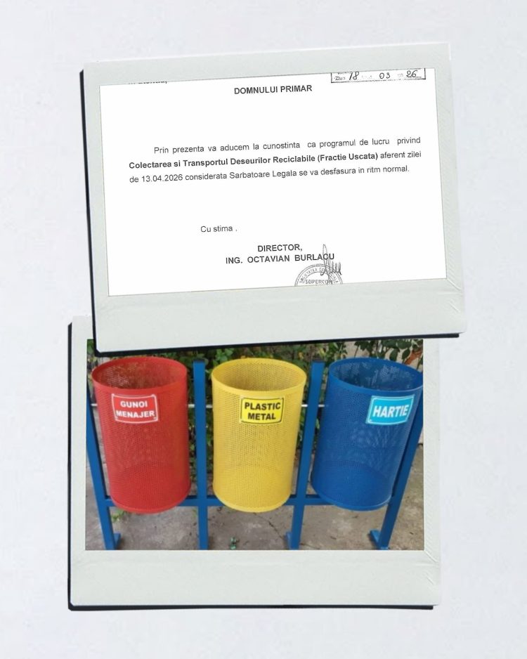 Colectarea deșeurilor reciclabile se va desfășura normal în comuna Crângurile pe 13 aprilie 2026