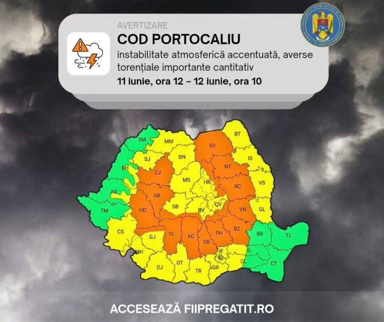 DÂMBOVIȚA, SUB COD PORTOCALIU DE VREME SEVERĂ: PLOI TORENȚIALE, VIJELII ȘI GRINDINĂ PÂNĂ MÂINE DIMINEAȚĂ
