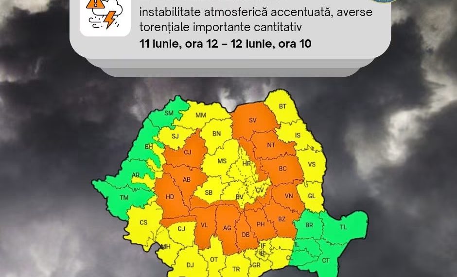 DÂMBOVIȚA, SUB COD PORTOCALIU DE VREME SEVERĂ: PLOI TORENȚIALE, VIJELII ȘI GRINDINĂ PÂNĂ MÂINE DIMINEAȚĂ