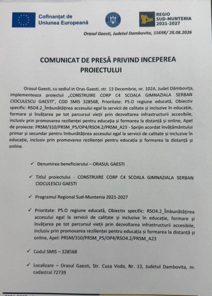 Găeștiul face un pas important pentru educație: a fost semnat contractul de finanțare pentru construirea unui nou corp al Școlii Gimnaziale „Șerban Cioculescu”