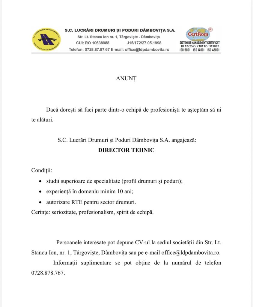 Lucrări Drumuri și Poduri Dâmbovița face angajări: se caută director tehnic și coordonator transport