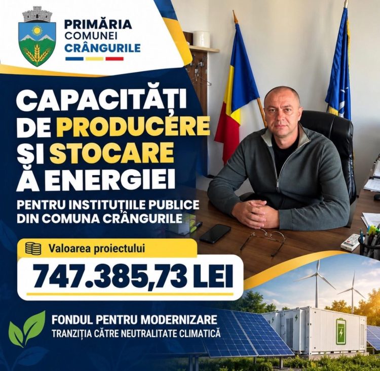 Investiție de peste 747.000 de lei în energia verde la Crângurile. Instituțiile publice vor produce energie pentru autoconsum