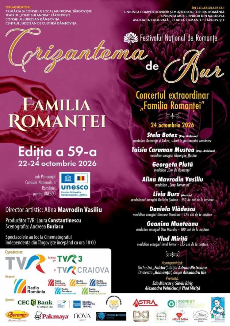 „Crizantema de Aur” 2026: Programul complet al celei de-a 59-a ediții, cu recitaluri de excepție și Gala Laureaților la Târgoviște