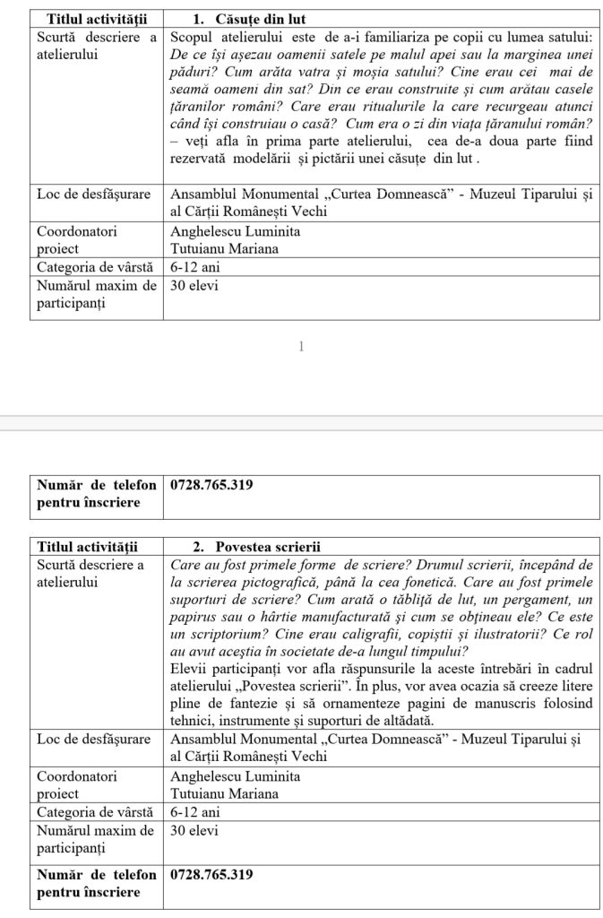 OFERTA EDUCAȚIONALĂ A COMPLEXULUI NAŢIONAL MUZEAL ”CURTEA DOMNEASCĂ” TÂRGOVIŞTE PENTRU UNITĂȚILE DE ÎNVĂȚĂMÂNT