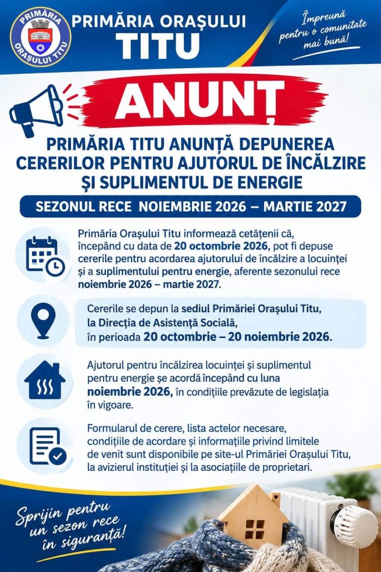 Locuitorii orașului Titu pot solicita ajutorul pentru încălzirea locuinței și suplimentul pentru energie din 20 octombrie