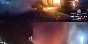 Autoturism cuprins de flăcări în toiul nopții, în comuna Voinești