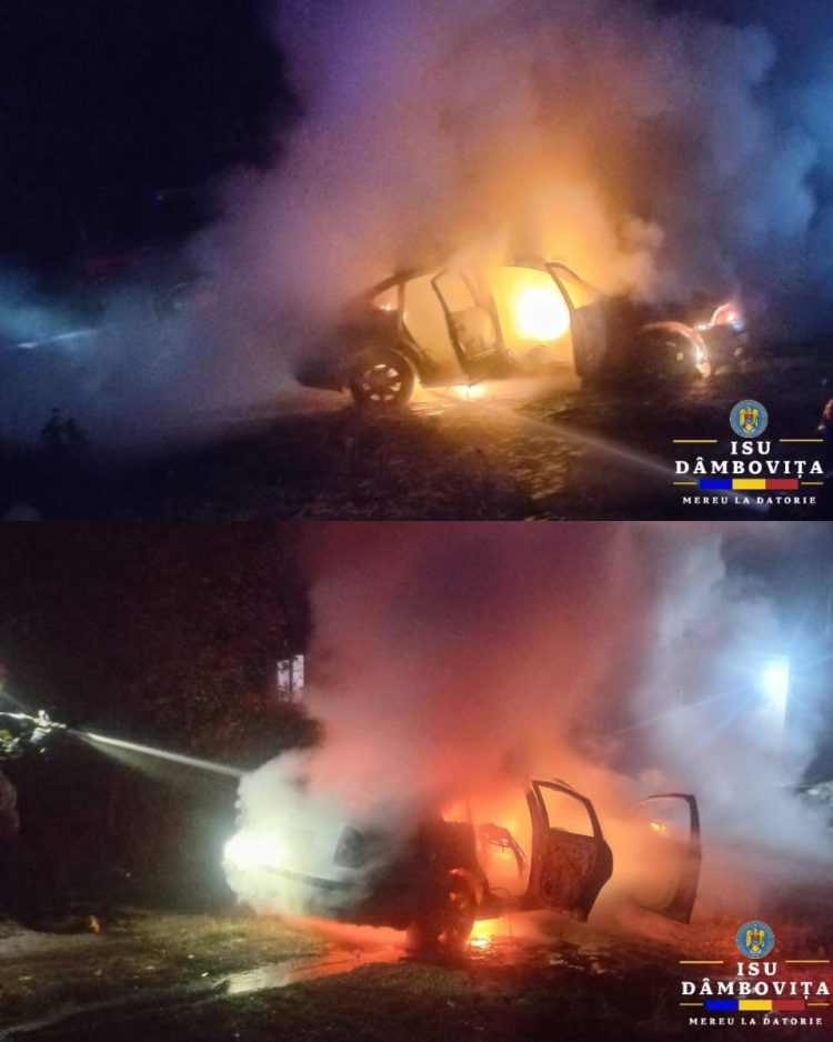 Autoturism cuprins de flăcări în toiul nopții, în comuna Voinești