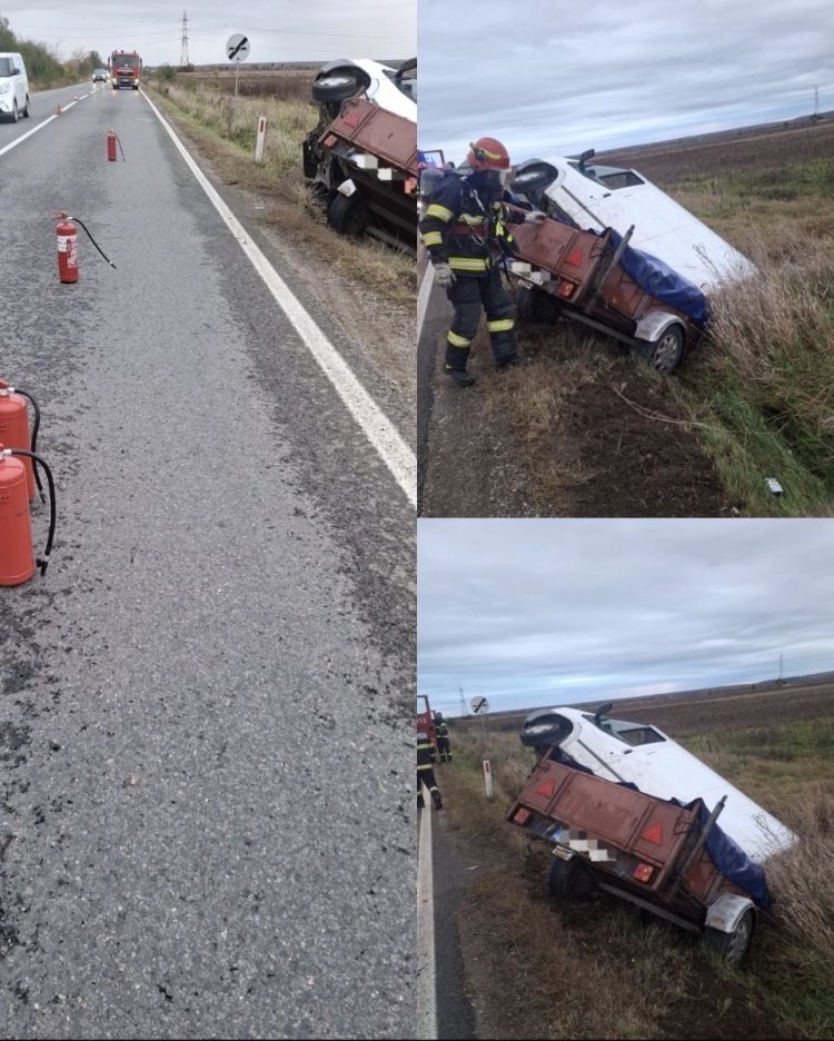 Alertă pe DN 72! Accident între un autoturism și o autoutilitară cu substanțe periculoase. Trafic restricționat după scurgeri de sodă caustică și clorură de var